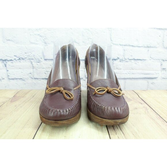 LL Bean Brown Leather Wedge Heel Moccasin Loafer Platform Shoes Size 9.5 M - Picture 4 of 9